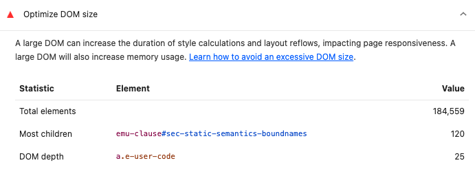 Optimize DOM Size insights audit