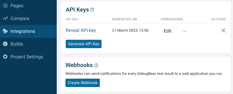 Generate API key button in the Integrations tab
