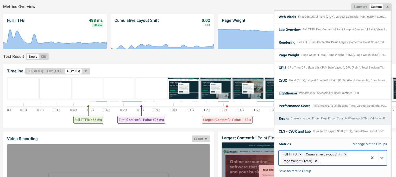 Page View of Metric Groups in Debugbear