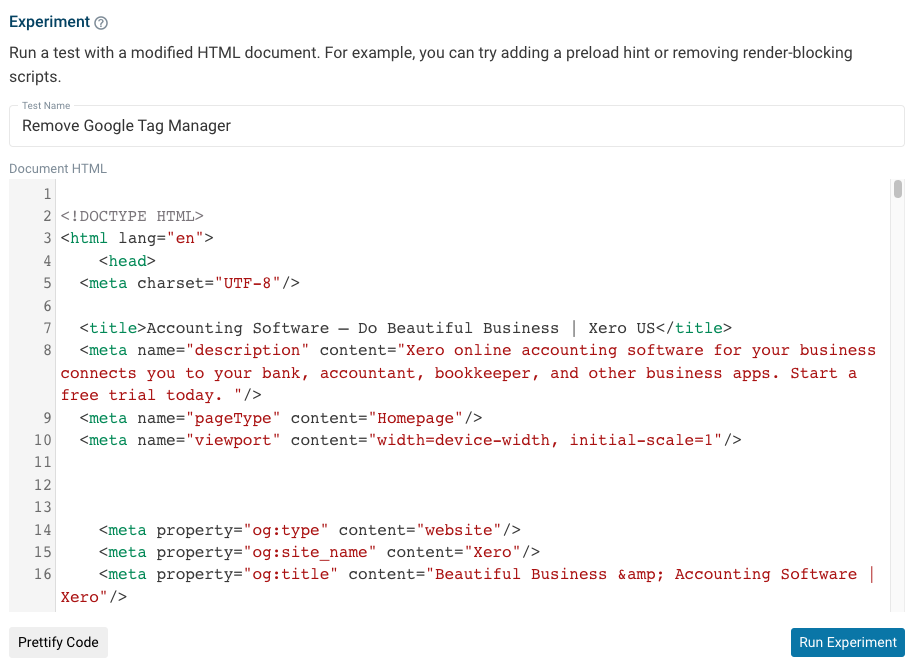 Form with document HTML and name of the experiment