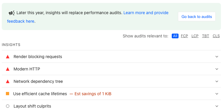 New insights on PageSpeed Insights with button to go back to audits