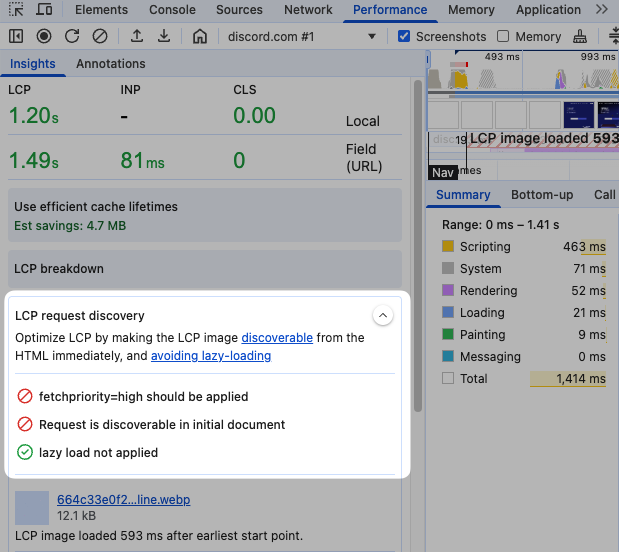 LCP request discovery in the DevTools performance tab