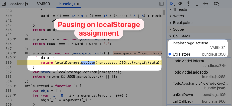 Local storage assignment breakpoint