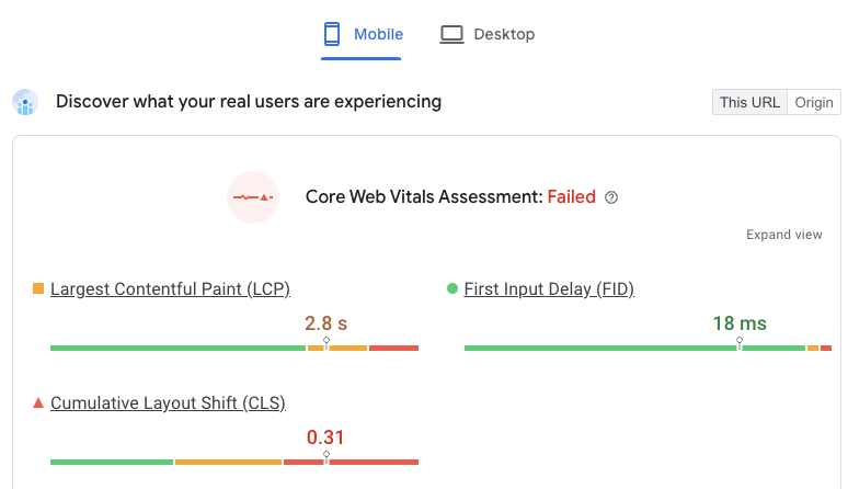 PageSpeed Insights Core Web Vitals assessment failed