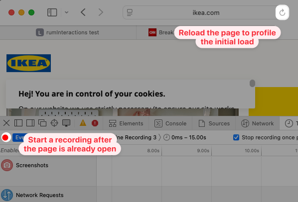 Screenshot showing how to start a Safari timeline recording
