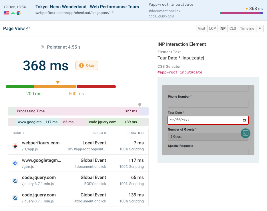 Long Animation Frames data showing INP script delays