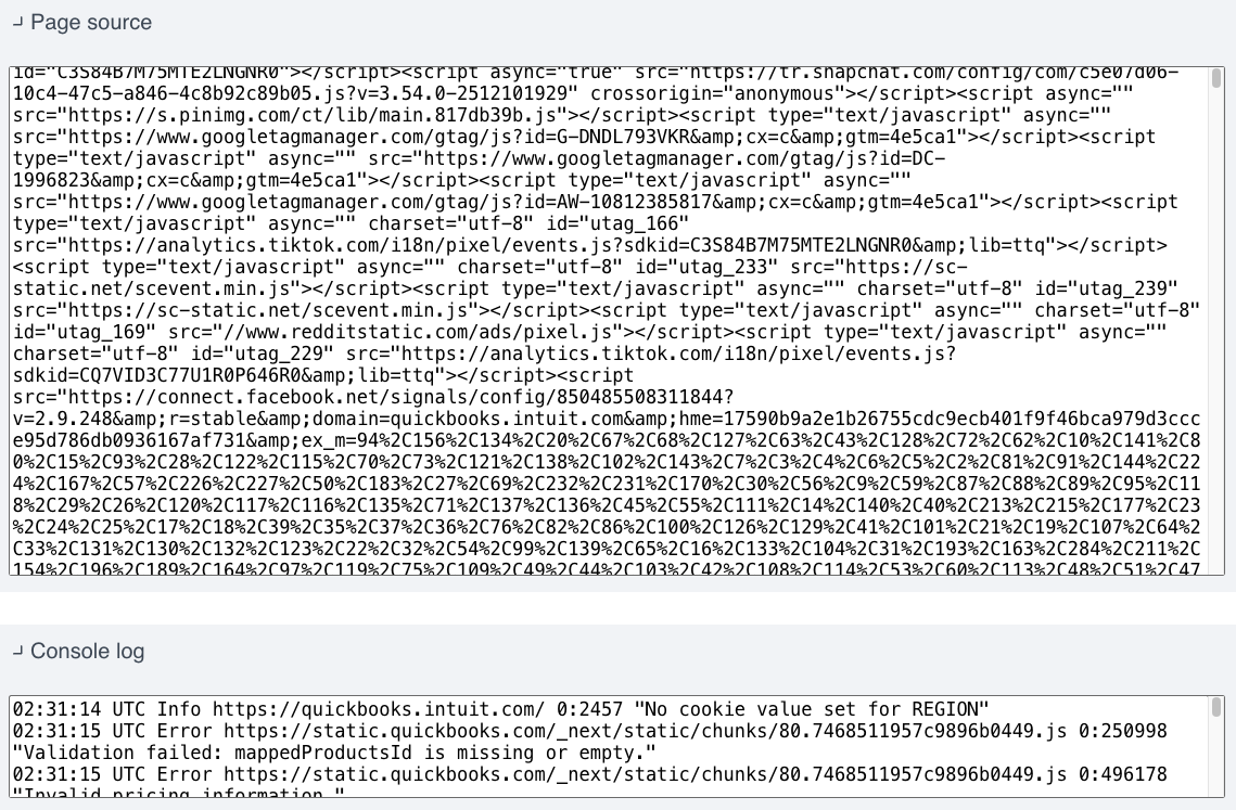 Uptrends page source and log output