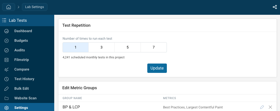 Project lab test settings