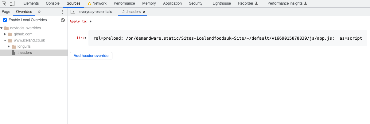 Adding a response header override in DevTools