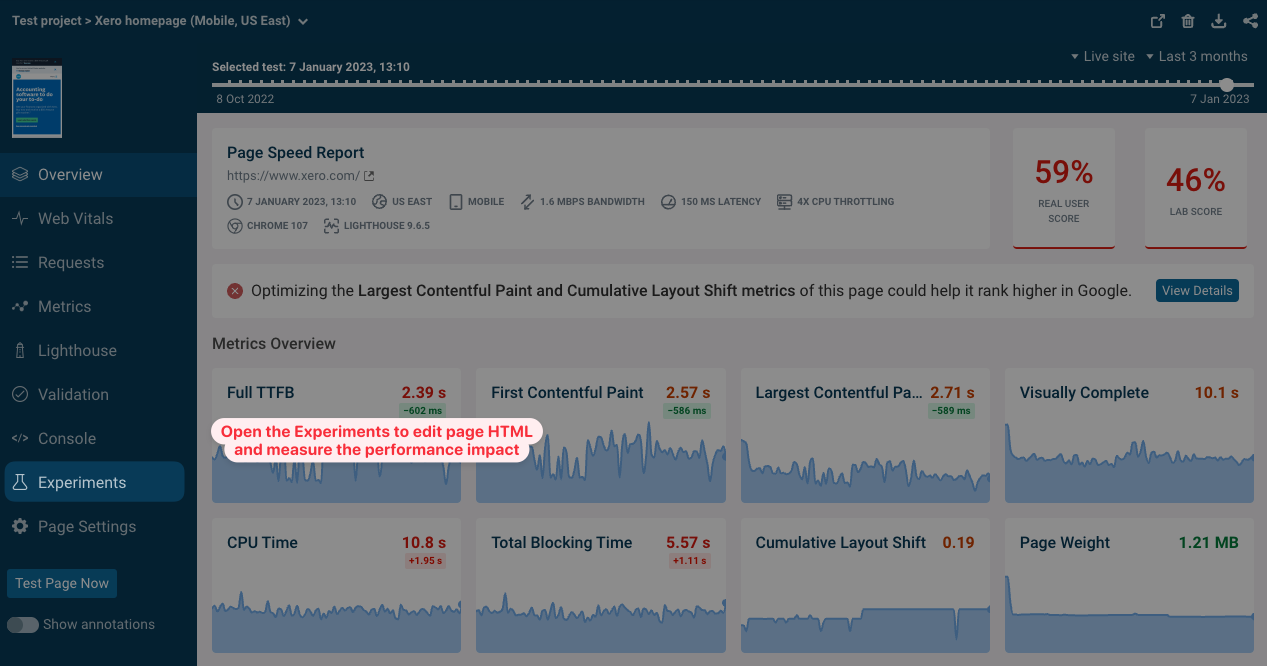 Test result with experiments tab
