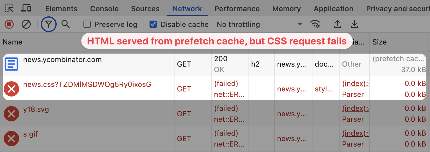 DevTools showing failed network requests