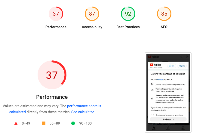 PageSpeed Insights result showing lab data