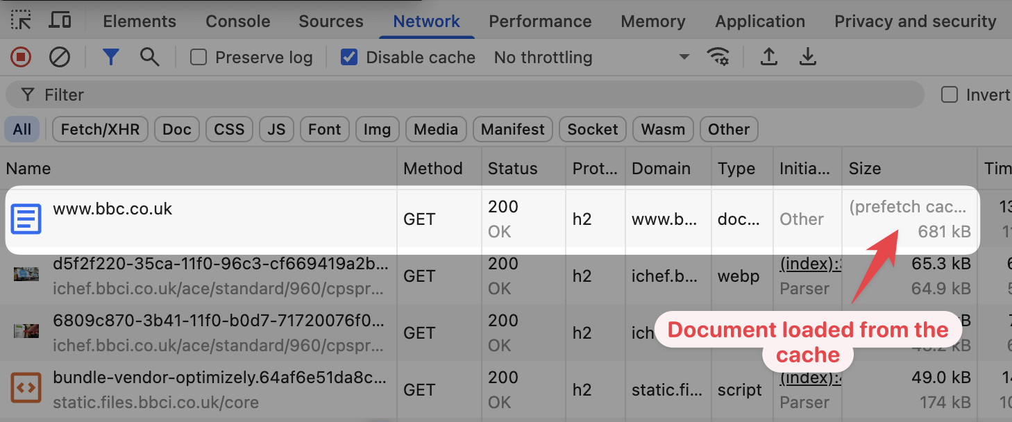 Chrome DevTools showing prefetch cache response