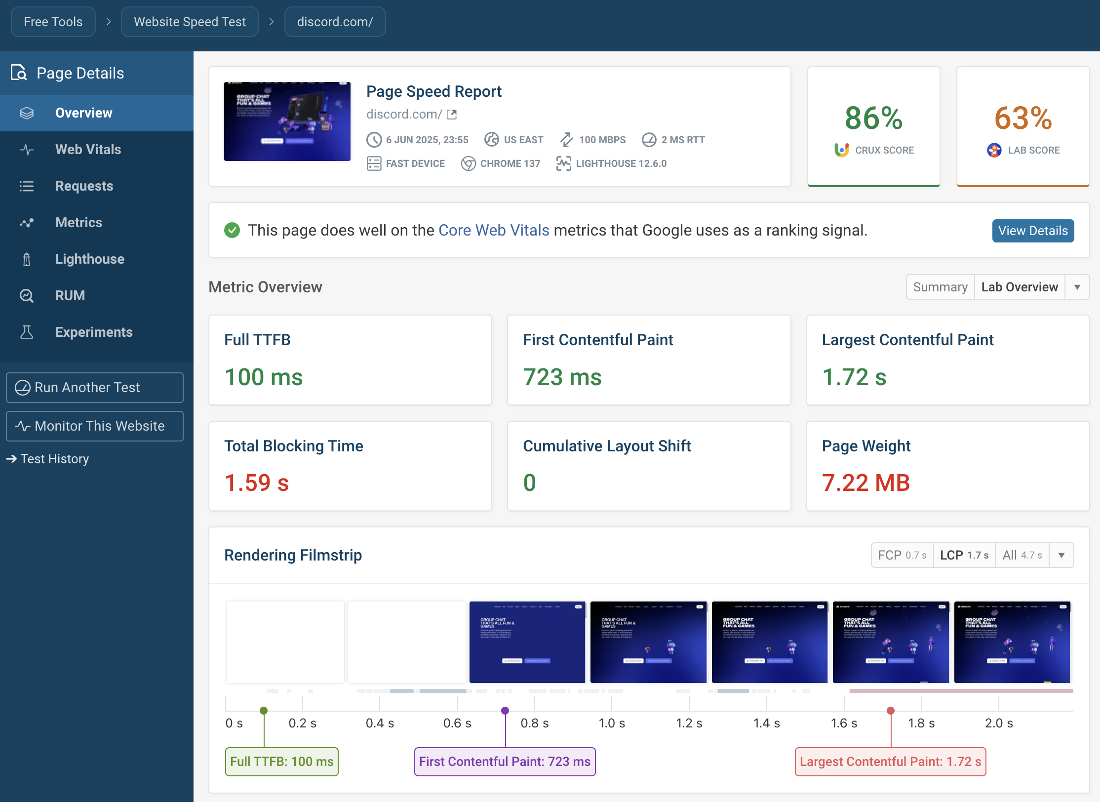 DebugBear page speed test result