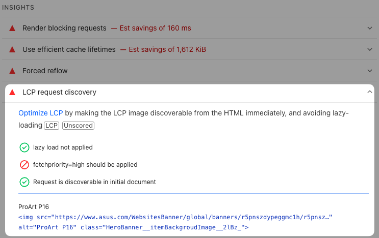 Screenshot of the fetchpriority=high should be applied recommendation on PageSpeed Insights
