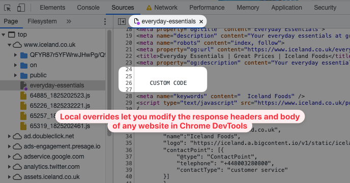 Screenshot showing DevTools local overrides