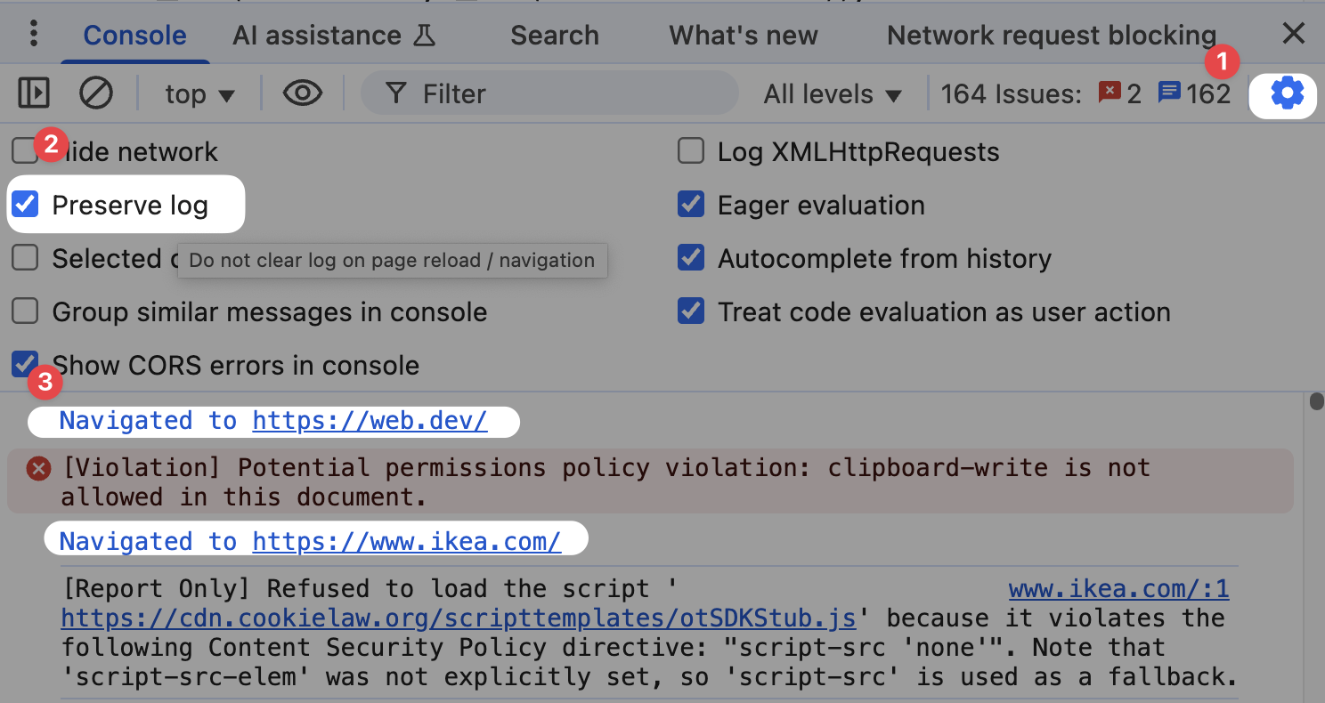 Preserve log option in the Chrome console