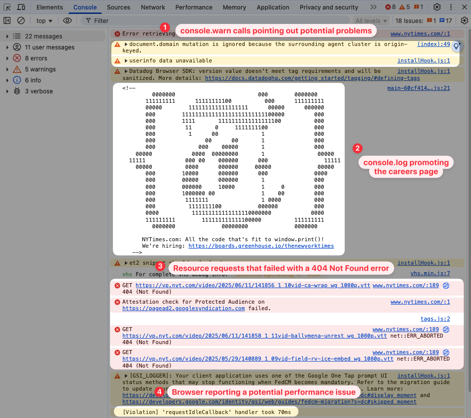 Browser console with different types of messages