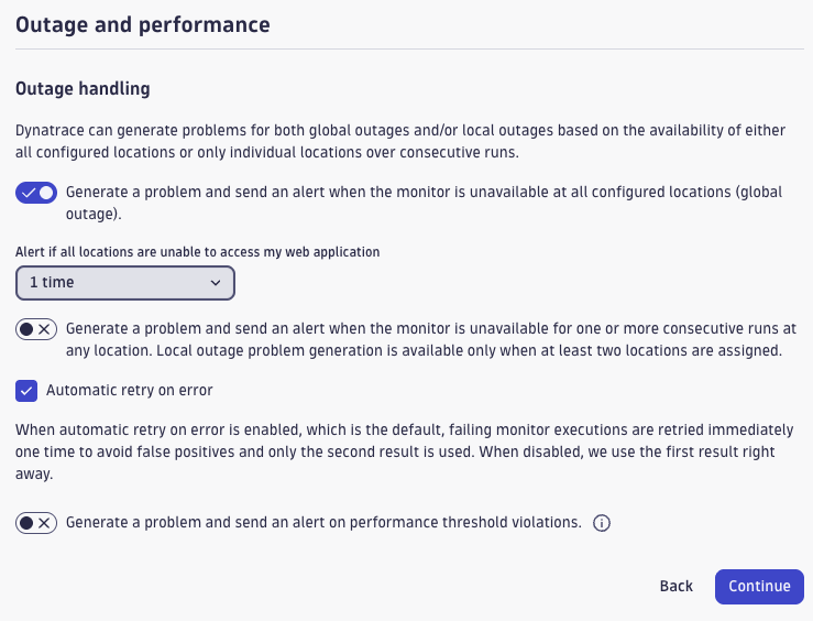 Outage and performance settings in Dynatrace