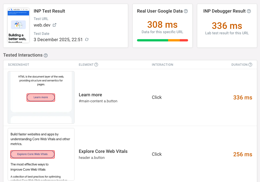 Test result of the INP debugger showing interaction delays.
