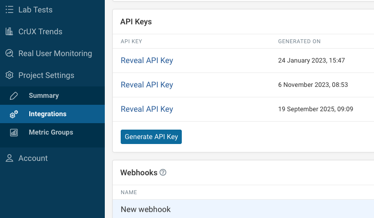 Generate API key button in the Integrations tab