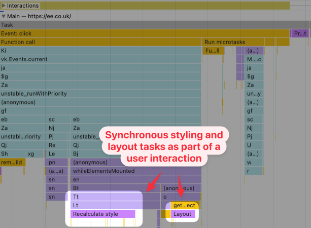 Forced reflow in a DevTools performance recording
