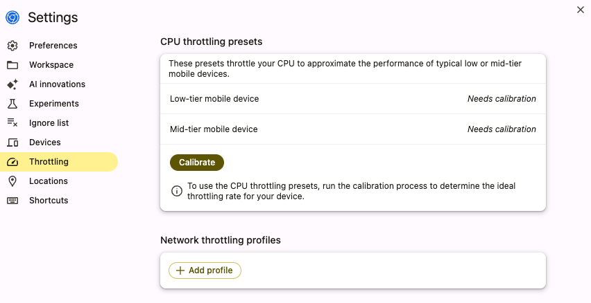 Adding a network throttling profile