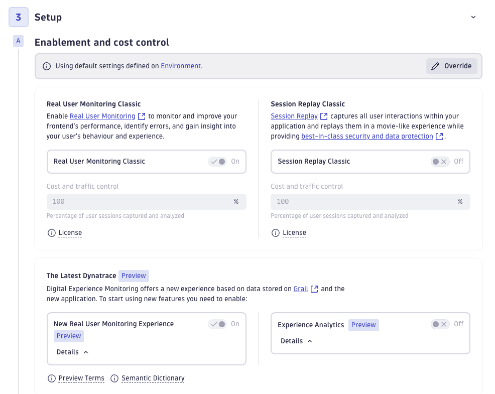 Dynatrace RUM configuration options