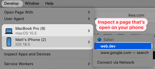Select an iOS device in the Safari developer tools