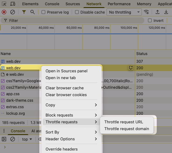 Throttle request URL in Chrome DevTools