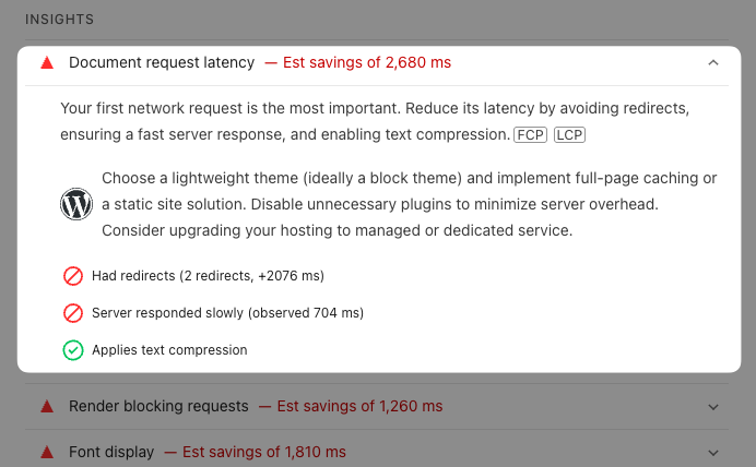 Document request latency insights audit on PageSpeed Insights