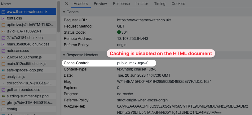 Document response headers with no-cache