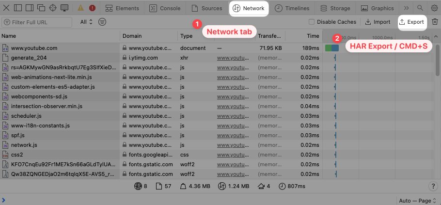 Exporting a HAR file from Apple Safari