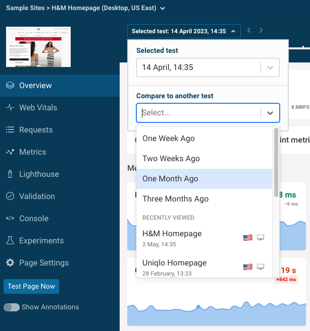 UI for comparing web performance across pages