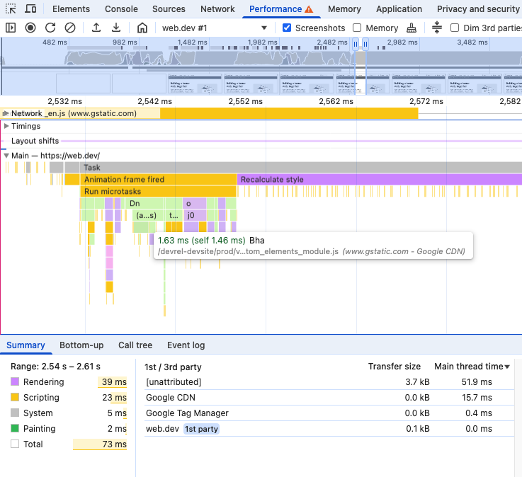 CPU timeline recording showing main thread tasks
