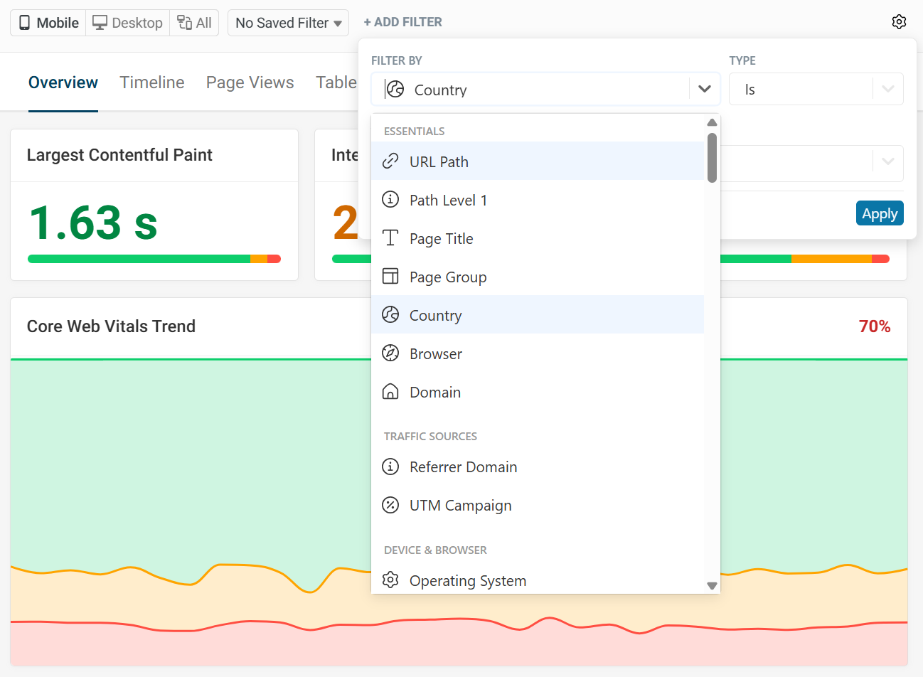 DebugBear RUM filters