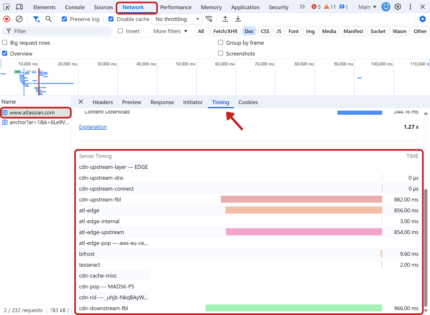Server Timings listed in Chrome DevTools