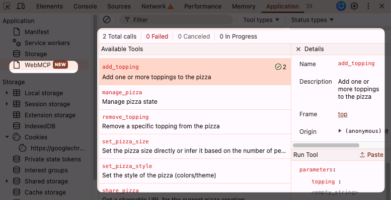 Chrome DevTools WebMCP panel