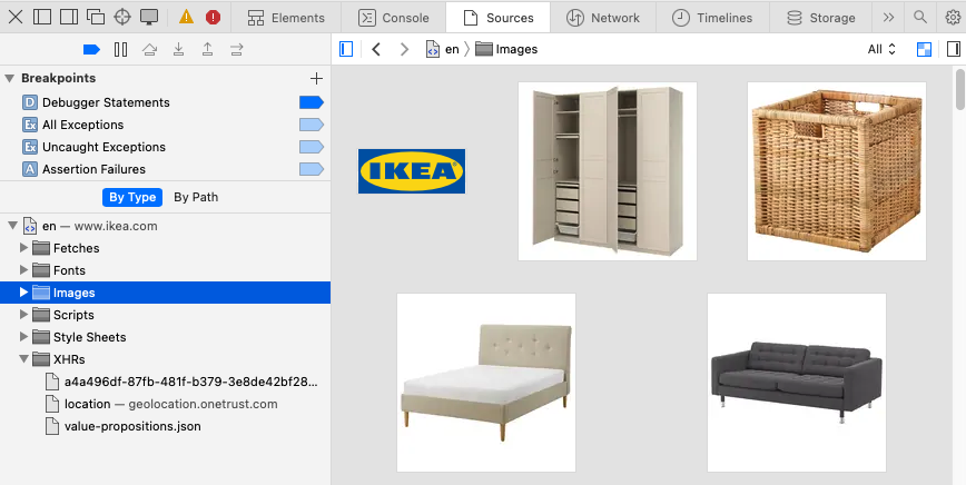 Sources tab showing images loaded on the page