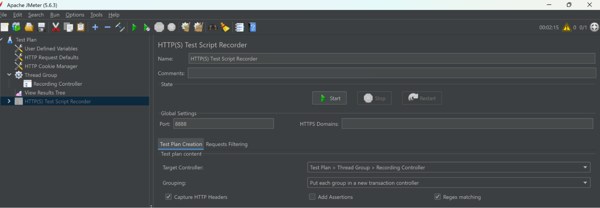 HTTP test script recorder - set port to 8888