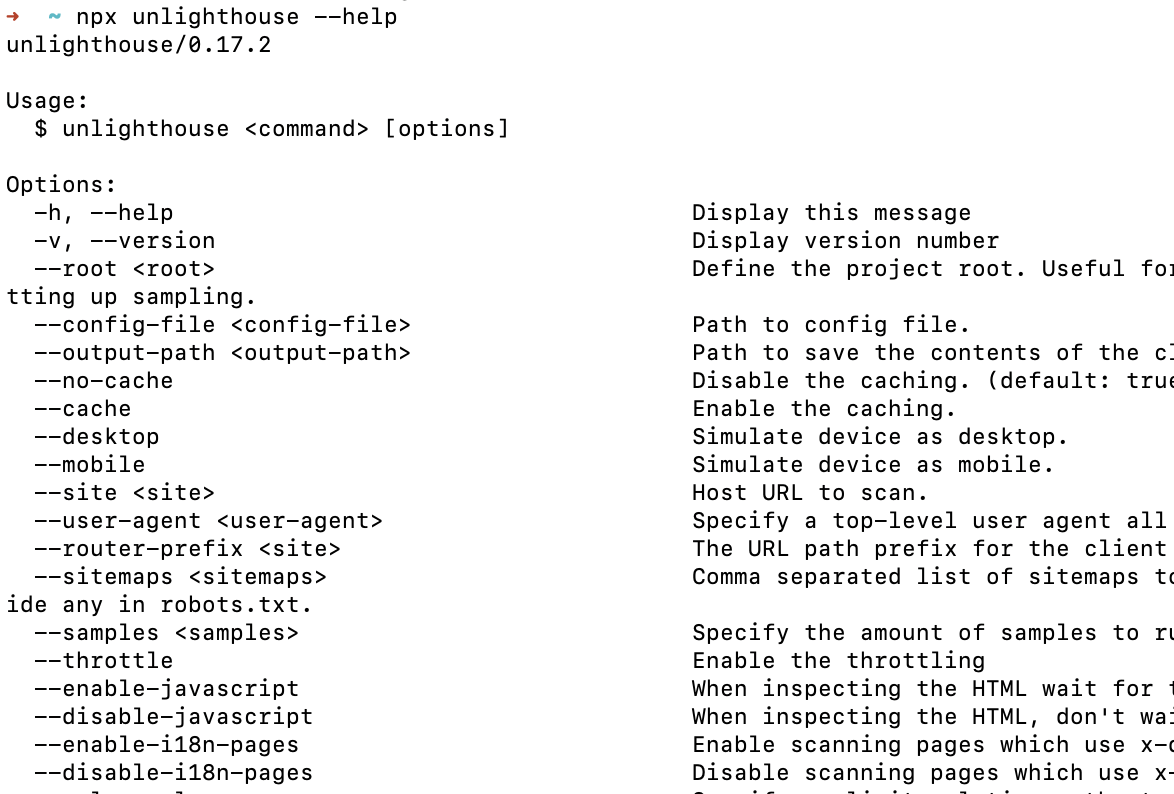 Unlighthouse help output