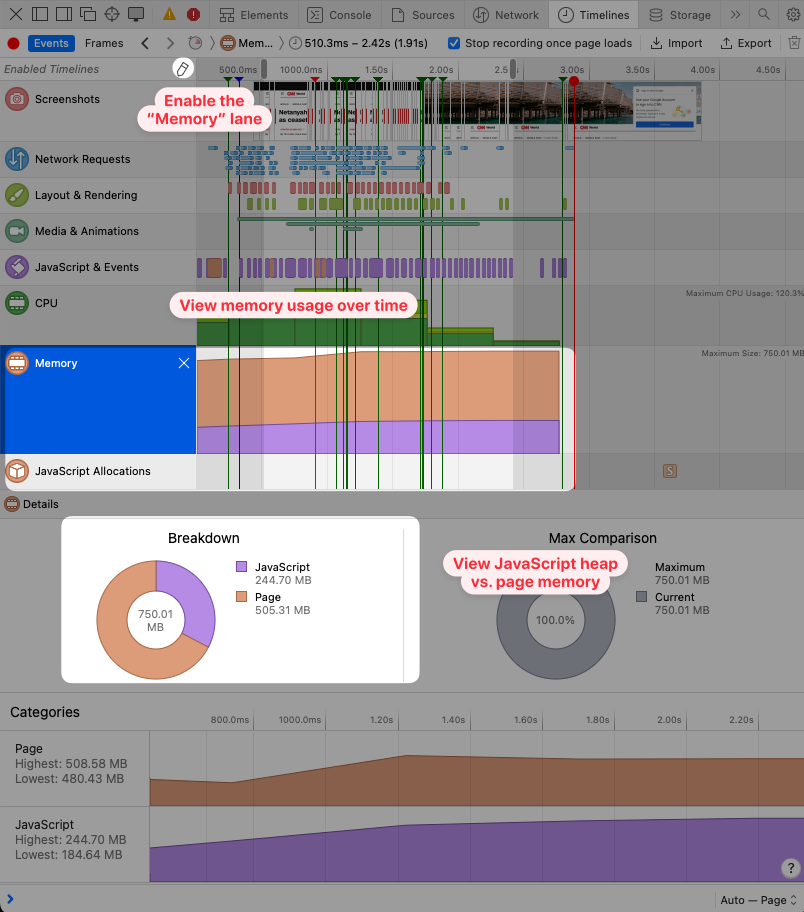 Safari DevTools memory information