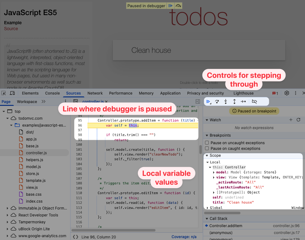 Chrome devtools debugger after pausing