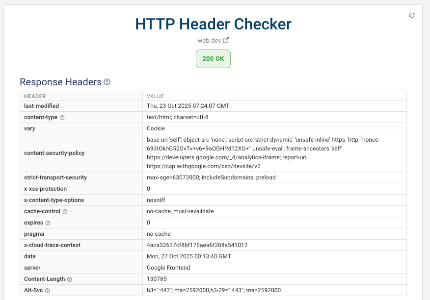 HTTP header checker result