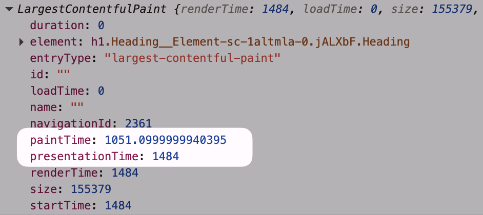 Paint time and presentation time in a Chrome LCP entry