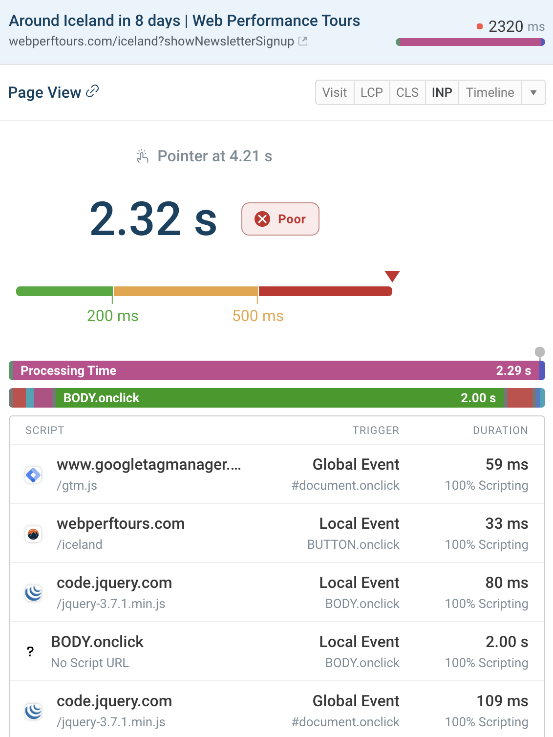 Task view in INP dashboard