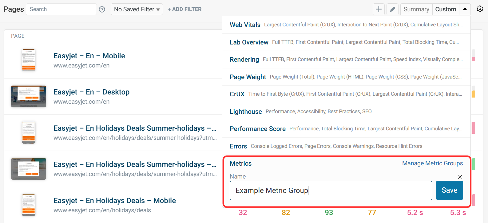 Enter to Save a Metric Group in DebugBear