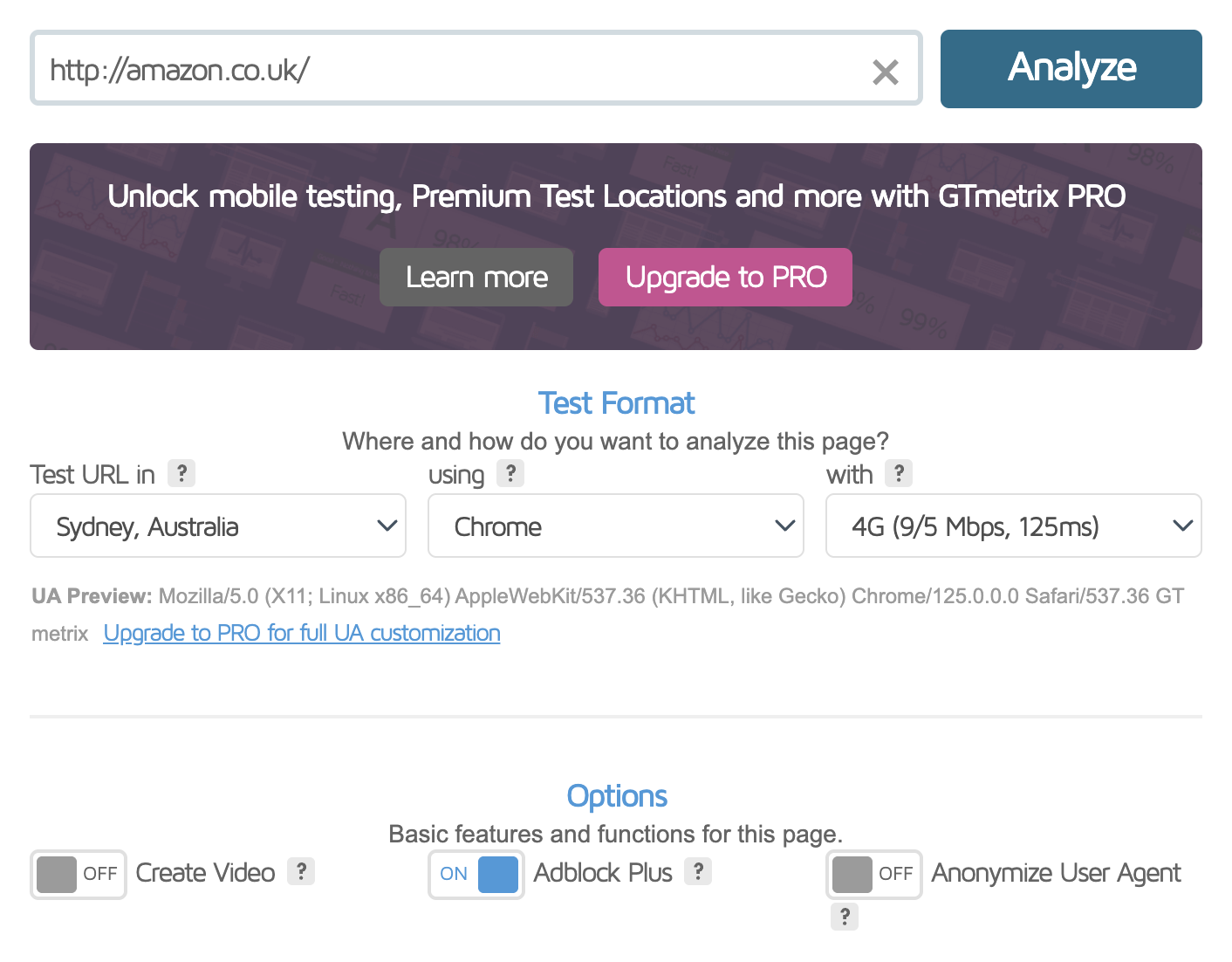 GTmetrix site speed test settings