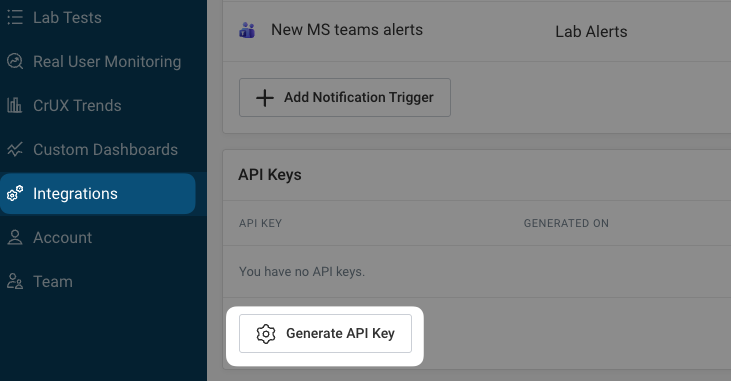 Generate API key button in the Integrations tab