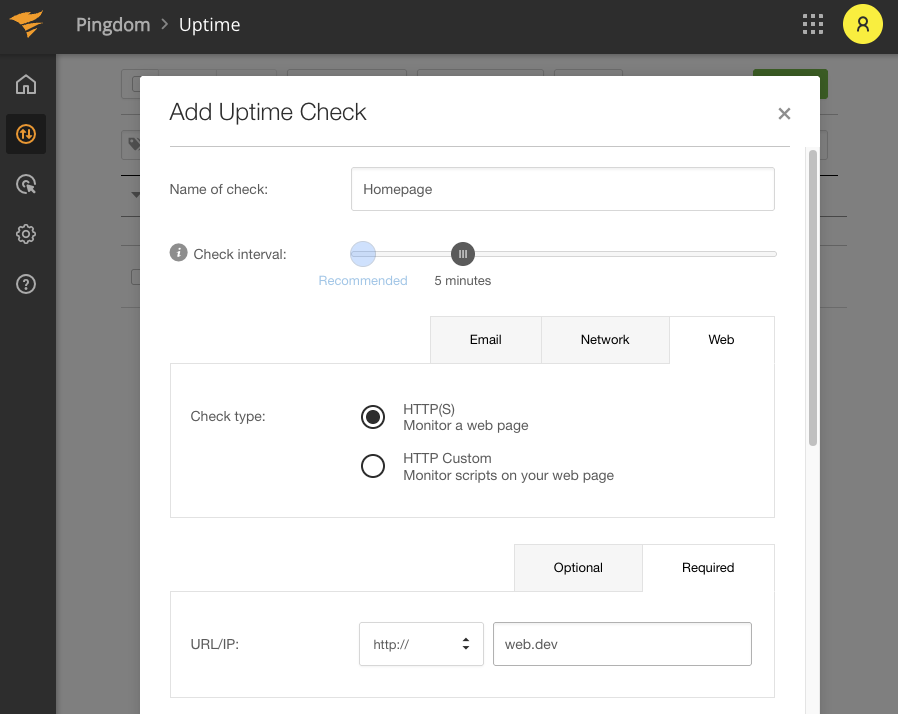 Pingdom uptime check setup